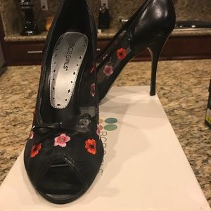 BCBGirls peel a boo toe embroidered mesh heels